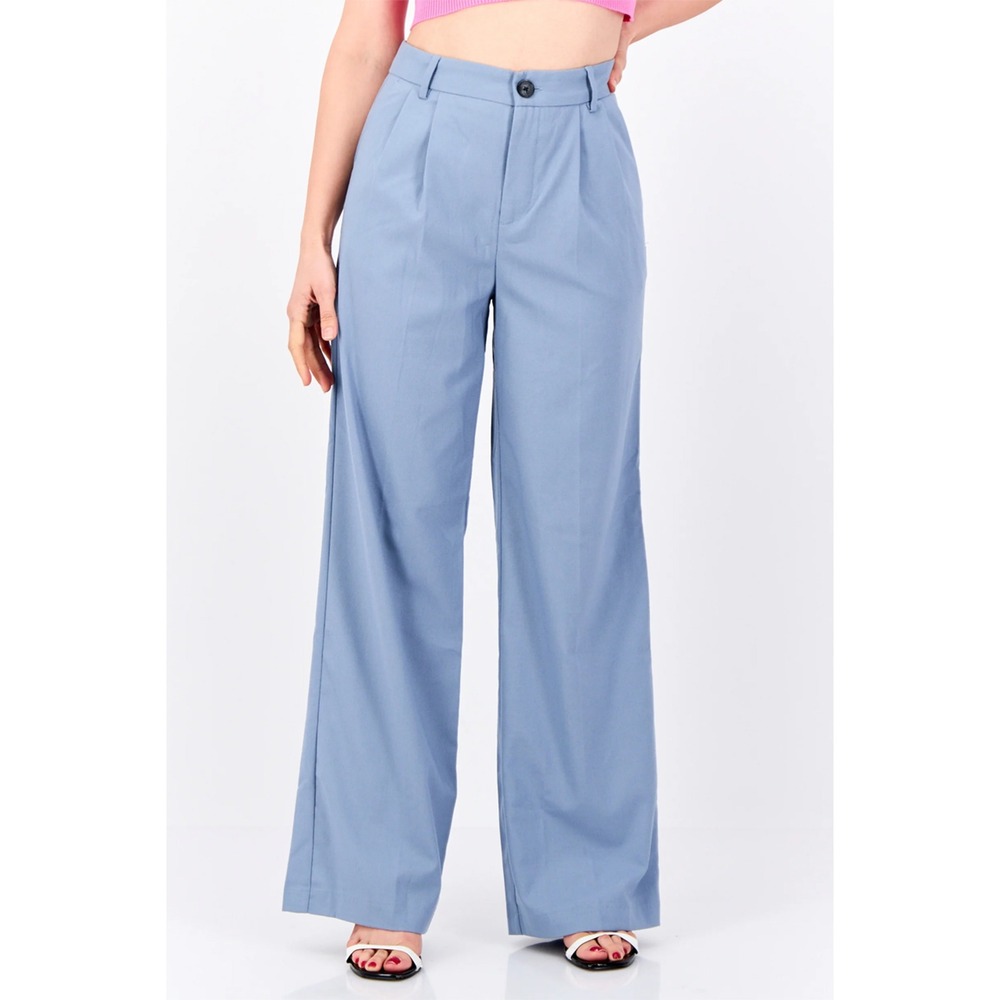Bershka Dad Fit Plain Trousers High-Waisted Steel Blue Women 2